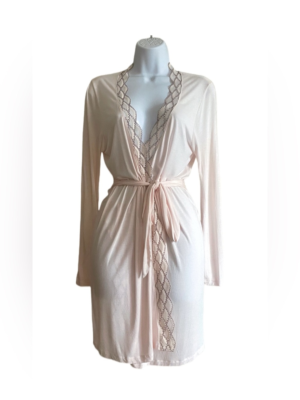 Eberjey Blush Pink Lightweight Wrap Front Short Robe w/ Contrast Lace Accent